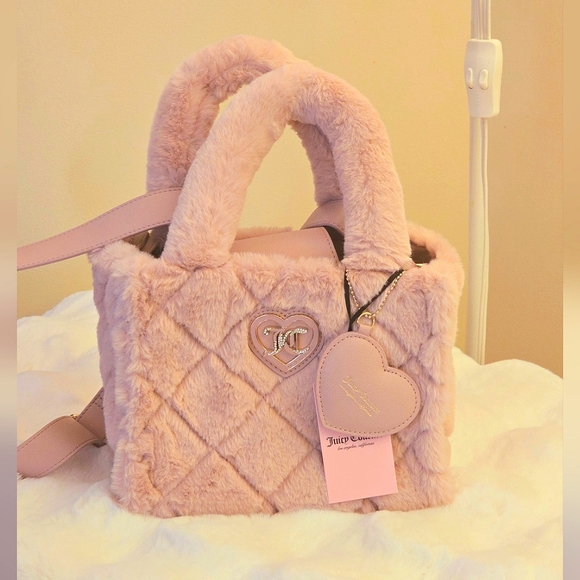 Juicy Couture Handbags - NEW Juicy Couture Pink Mini Tote Lets Get Cozy Big Spender Dusty Blush Faux Fur